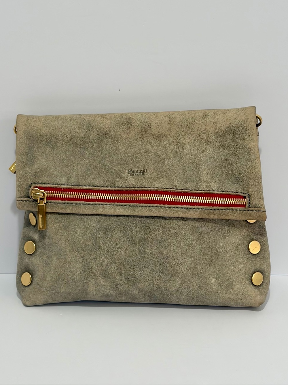 Hammitt VIP Medium Crossbody In Pewter With Gold Hardware/Red Zip